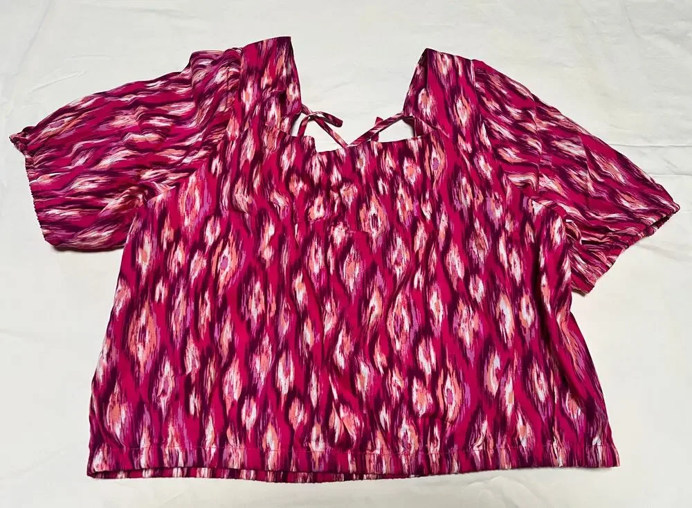 LOFT Womens Medium Pink Print Puff Sleeve Square Neck Tie Back Blouse NWT